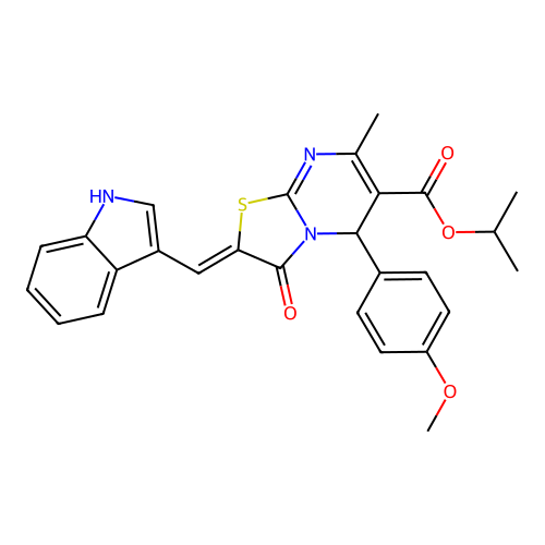 propan-2-yl (2Z)-2-(1H-indol-3-ylmethylidene)-5-(4-methoxyphenyl)-7-methyl-3-oxo-2,3-dihydro-5H-[1,3]thiazolo[3,2-a]pyrimidine-6-carboxylate structure