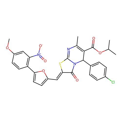 propan-2-yl (2Z)-5-(4-chlorophenyl)-2-{[5-(4-methoxy-2-nitrophenyl)furan-2-yl]methylidene}-7-methyl-3-oxo-2,3-dihydro-5H-[1,3]thiazolo[3,2-a]pyrimidine-6-carboxylate structure