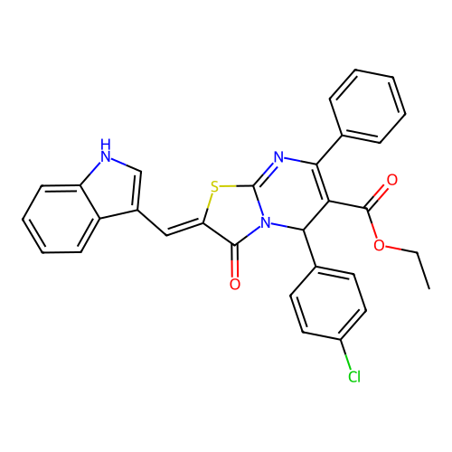 (Z)-ethyl 2-((1H-indol-3-yl)methylene)-5-(4-chlorophenyl)-3-oxo-7-phenyl-3,5-dihydro-2H-thiazolo[3,2-a]pyrimidine-6-carboxylate structure