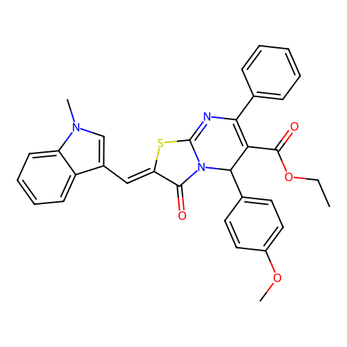 (Z)-ethyl 5-(4-methoxyphenyl)-2-((1-methyl-1H-indol-3-yl)methylene)-3-oxo-7-phenyl-3,5-dihydro-2H-thiazolo[3,2-a]pyrimidine-6-carboxylate structure