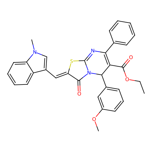 (Z)-ethyl 5-(3-methoxyphenyl)-2-((1-methyl-1H-indol-3-yl)methylene)-3-oxo-7-phenyl-3,5-dihydro-2H-thiazolo[3,2-a]pyrimidine-6-carboxylate structure