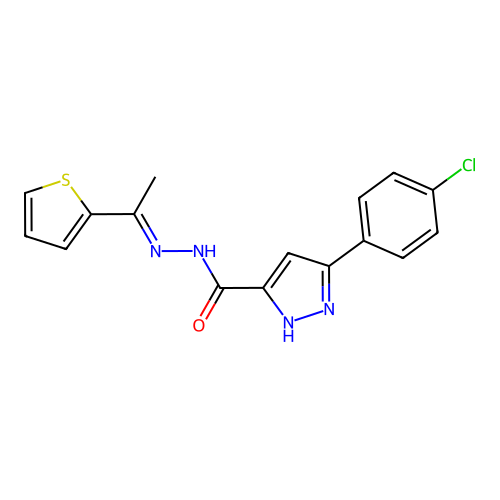 3-(4-chlorophenyl)-N'-[(1E)-1-(thiophen-2-yl)ethylidene]-1H-pyrazole-5-carbohydrazide structure