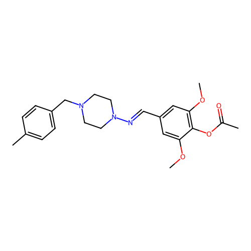 (E)-2,6-dimethoxy-4-(((4-(4-methylbenzyl)piperazin-1-yl)imino)methyl)phenyl acetate structure