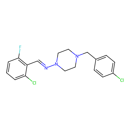 (E)-N-(2-chloro-6-fluorobenzylidene)-4-(4-chlorobenzyl)piperazin-1-amine structure