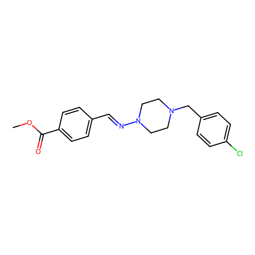 (E)-methyl 4-(((4-(4-chlorobenzyl)piperazin-1-yl)imino)methyl)benzoate structure