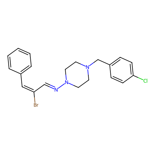 (E)-2-bromo-N-[4-[(4-chlorophenyl)methyl]piperazin-1-yl]-3-phenylprop-2-en-1-imine structure