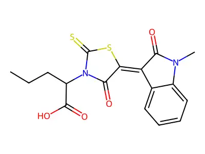 2-[5-(1-Methyl-2-oxo-1,2-dihydro-3H-indol-3-ylidene)-4-oxo-2-sulfanylidene-1,3-thiazolidin-3-yl]pentanoic acid structure