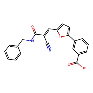 3-{5-[(1E)-3-(benzylamino)-2-cyano-3-oxoprop-1-en-1-yl]furan-2-yl}benzoic acid structure