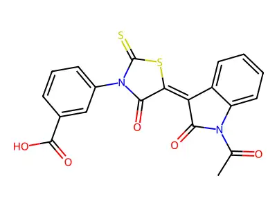 3-[(5E)-5-(1-acetyl-2-oxoindol-3-ylidene)-4-oxo-2-sulfanylidene-1,3-thiazolidin-3-yl]benzoic acid structure
