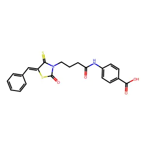 (E)-4-(4-(5-benzylidene-2-oxo-4-thioxothiazolidin-3-yl)butanamido)benzoic acid structure