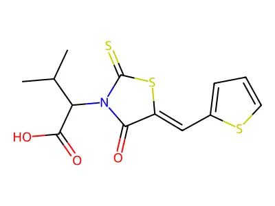 (Z)-3-methyl-2-(4-oxo-5-(thiophen-2-ylmethylene)-2-thioxothiazolidin-3-yl)butanoic acid structure