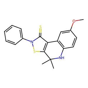 8-methoxy-4,4-dimethyl-2-phenyl-5H-[1,2]thiazolo[5,4-c]quinoline-1-thione structure