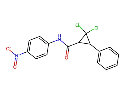 2,2-dichloro-N-(4-nitrophenyl)-3-phenylcyclopropane-1-carboxamide structure