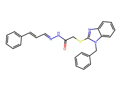 2-(1-benzylbenzimidazol-2-yl)sulfanyl-N-[(E)-[(E)-3-phenylprop-2-enylidene]amino]acetamide structure