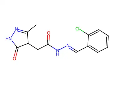 N-[(E)-(2-chlorophenyl)methylideneamino]-2-(3-methyl-5-oxo-1,4-dihydropyrazol-4-yl)acetamide structure