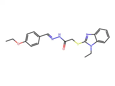 N-[(E)-(4-ethoxyphenyl)methylideneamino]-2-(1-ethylbenzimidazol-2-yl)sulfanylacetamide structure