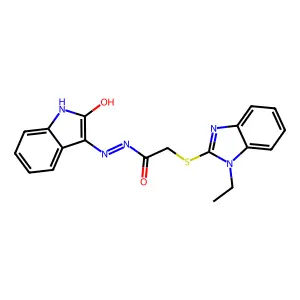 2-[(1-ethyl-1H-benzimidazol-2-yl)sulfanyl]-N'-[(3Z)-2-oxo-1,2-dihydro-3H-indol-3-ylidene]acetohydrazide structure