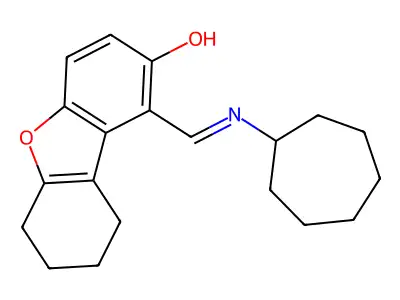 (E)-1-((cycloheptylimino)methyl)-6,7,8,9-tetrahydrodibenzo[b,d]furan-2-ol structure