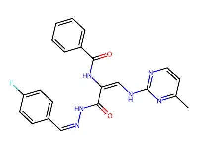 N-[3-[2-[(4-fluorophenyl)methylidene]hydrazinyl]-1-[(4-methylpyrimidin-2-yl)amino]-3-oxoprop-1-en-2-yl]benzamide structure