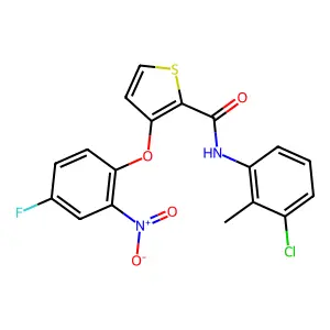 N-(3-chloro-2-methylphenyl)-3-(4-fluoro-2-nitrophenoxy)thiophene-2-carboxamide structure