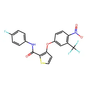 N-(4-fluorophenyl)-3-[4-nitro-3-(trifluoromethyl)phenoxy]thiophene-2-carboxamide structure