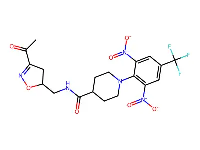 N-[(3-acetyl-4,5-dihydro-1,2-oxazol-5-yl)methyl]-1-[2,6-dinitro-4-(trifluoromethyl)phenyl]piperidine-4-carboxamide structure