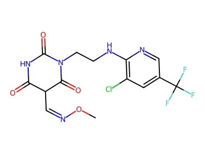1-(2-{[3-chloro-5-(trifluoromethyl)-2-pyridinyl]amino}ethyl)-2,4,6-trioxohexahydro-5-pyrimidinecarbaldehyde O-methyloxime structure