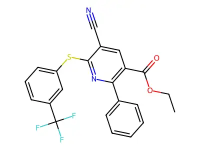 Ethyl 5-cyano-2-phenyl-6-((3-(trifluoromethyl)phenyl)sulfanyl)nicotinate structure