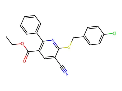 Ethyl 6-((4-chlorobenzyl)sulfanyl)-5-cyano-2-phenylnicotinate structure