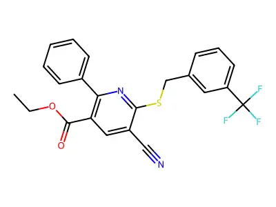 Ethyl 5-cyano-2-phenyl-6-((3-(trifluoromethyl)benzyl)sulfanyl)nicotinate structure