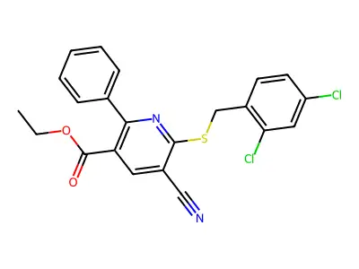Ethyl 5-cyano-6-((2,4-dichlorobenzyl)sulfanyl)-2-phenylnicotinate structure