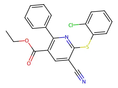 Ethyl 6-((2-chlorophenyl)sulfanyl)-5-cyano-2-phenylnicotinate structure