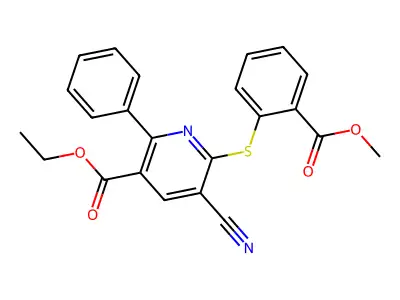 Ethyl 5-cyano-6-((2-(methoxycarbonyl)phenyl)sulfanyl)-2-phenylnicotinate structure