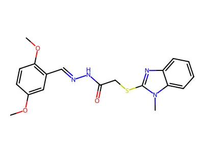 N-[(E)-(2,5-dimethoxyphenyl)methylideneamino]-2-(1-methylbenzimidazol-2-yl)sulfanylacetamide structure