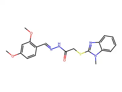 N-[(E)-(2,4-dimethoxyphenyl)methylideneamino]-2-(1-methylbenzimidazol-2-yl)sulfanylacetamide structure