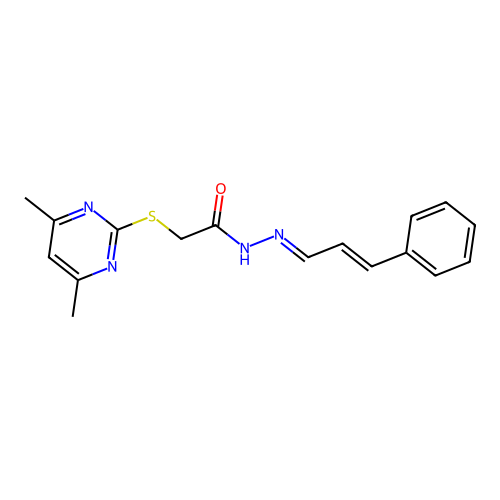 (E)-2-((4,6-dimethylpyrimidin-2-yl)thio)-N'-((E)-3-phenylallylidene)acetohydrazide structure