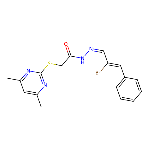 (4,6-Dimethyl-pyrimidin-2-ylsulfanyl)-acetic acid [(Z)-2-bromo-3-phenyl-prop-2-en-(Z)-ylidene]-hydrazide structure