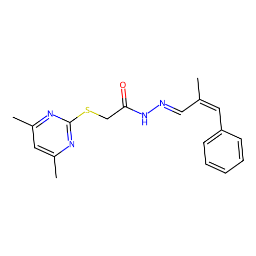(4,6-Dimethyl-pyrimidin-2-ylsulfanyl)-acetic acid [(Z)-2-methyl-3-phenyl-prop-2-en-(E)-ylidene]-hydrazide structure