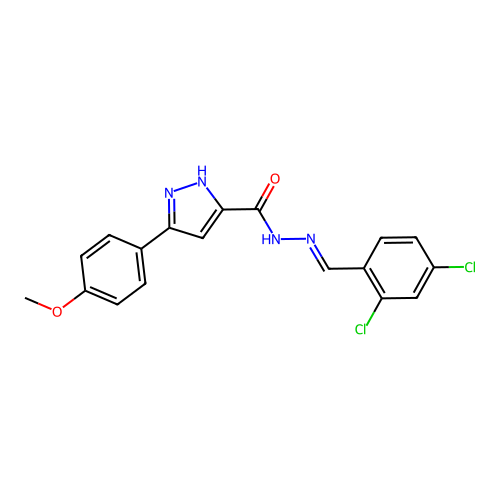 (E)-N'-(2,4-dichlorobenzylidene)-3-(4-methoxyphenyl)-1H-pyrazole-5-carbohydrazide structure