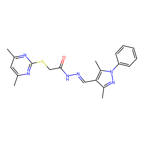 (E)-N'-((3,5-dimethyl-1-phenyl-1H-pyrazol-4-yl)methylene)-2-((4,6-dimethylpyrimidin-2-yl)thio)acetohydrazide structure