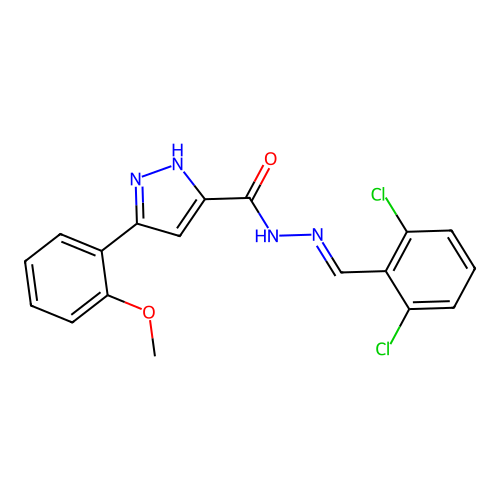 (E)-N'-(2,6-dichlorobenzylidene)-3-(2-methoxyphenyl)-1H-pyrazole-5-carbohydrazide structure