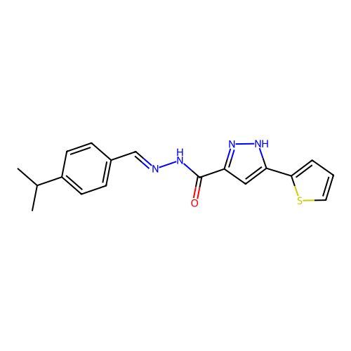 (E)-N'-(4-isopropylbenzylidene)-3-(thiophen-2-yl)-1H-pyrazole-5-carbohydrazide structure