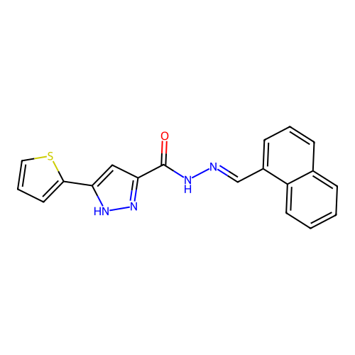 (E)-N'-(naphthalen-1-ylmethylene)-3-(thiophen-2-yl)-1H-pyrazole-5-carbohydrazide structure