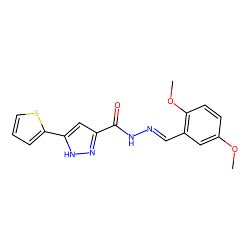 (E)-N'-(2,5-dimethoxybenzylidene)-3-(thiophen-2-yl)-1H-pyrazole-5-carbohydrazide structure