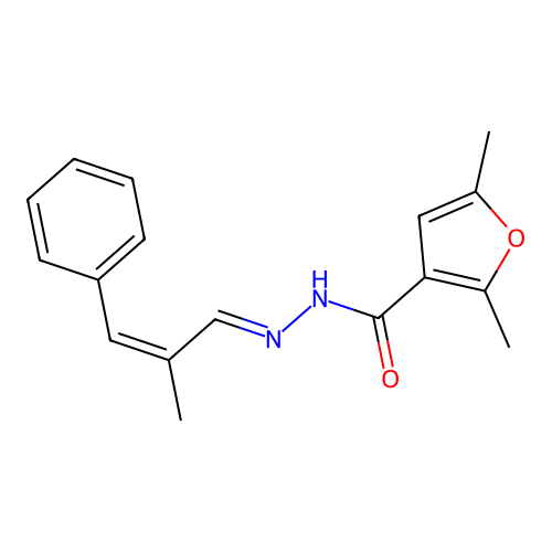 (E)-2,5-dimethyl-N'-((Z)-2-methyl-3-phenylallylidene)furan-3-carbohydrazide structure