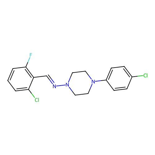N-[(E)-(2-chloro-6-fluorophenyl)methylidene]-4-(4-chlorophenyl)piperazin-1-amine structure