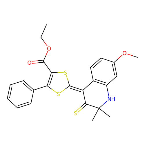 ethyl 2-(7-methoxy-2,2-dimethyl-3-sulfanylidene-1H-quinolin-4-ylidene)-5-phenyl-1,3-dithiole-4-carboxylate structure