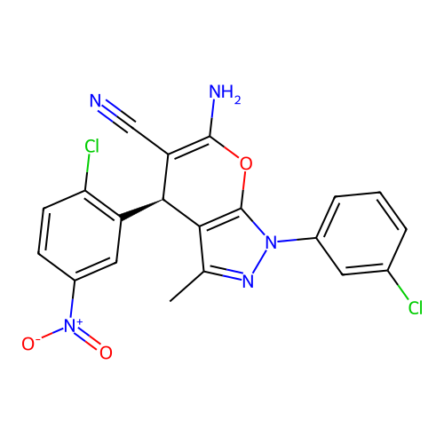 (4R)-6-amino-4-(2-chloro-5-nitrophenyl)-1-(3-chlorophenyl)-3-methyl-4H-pyrano[2,3-c]pyrazole-5-carbonitrile structure