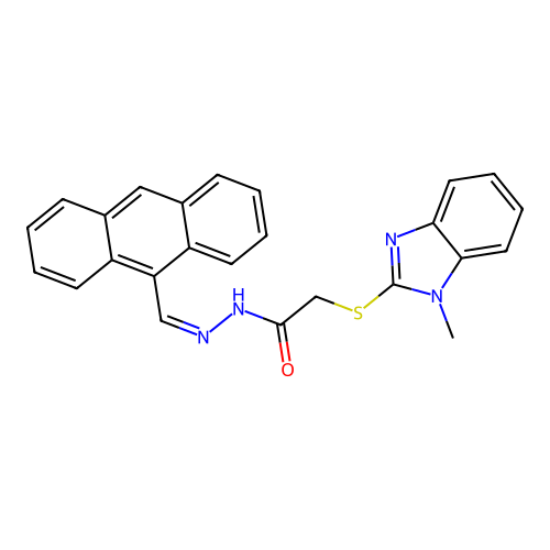 N-[(Z)-anthracen-9-ylmethylideneamino]-2-(1-methylbenzimidazol-2-yl)sulfanylacetamide structure