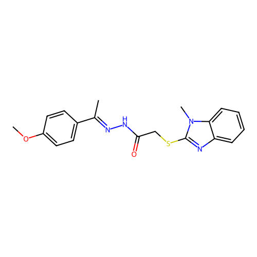 N-[(E)-1-(4-methoxyphenyl)ethylideneamino]-2-(1-methylbenzimidazol-2-yl)sulfanylacetamide structure
